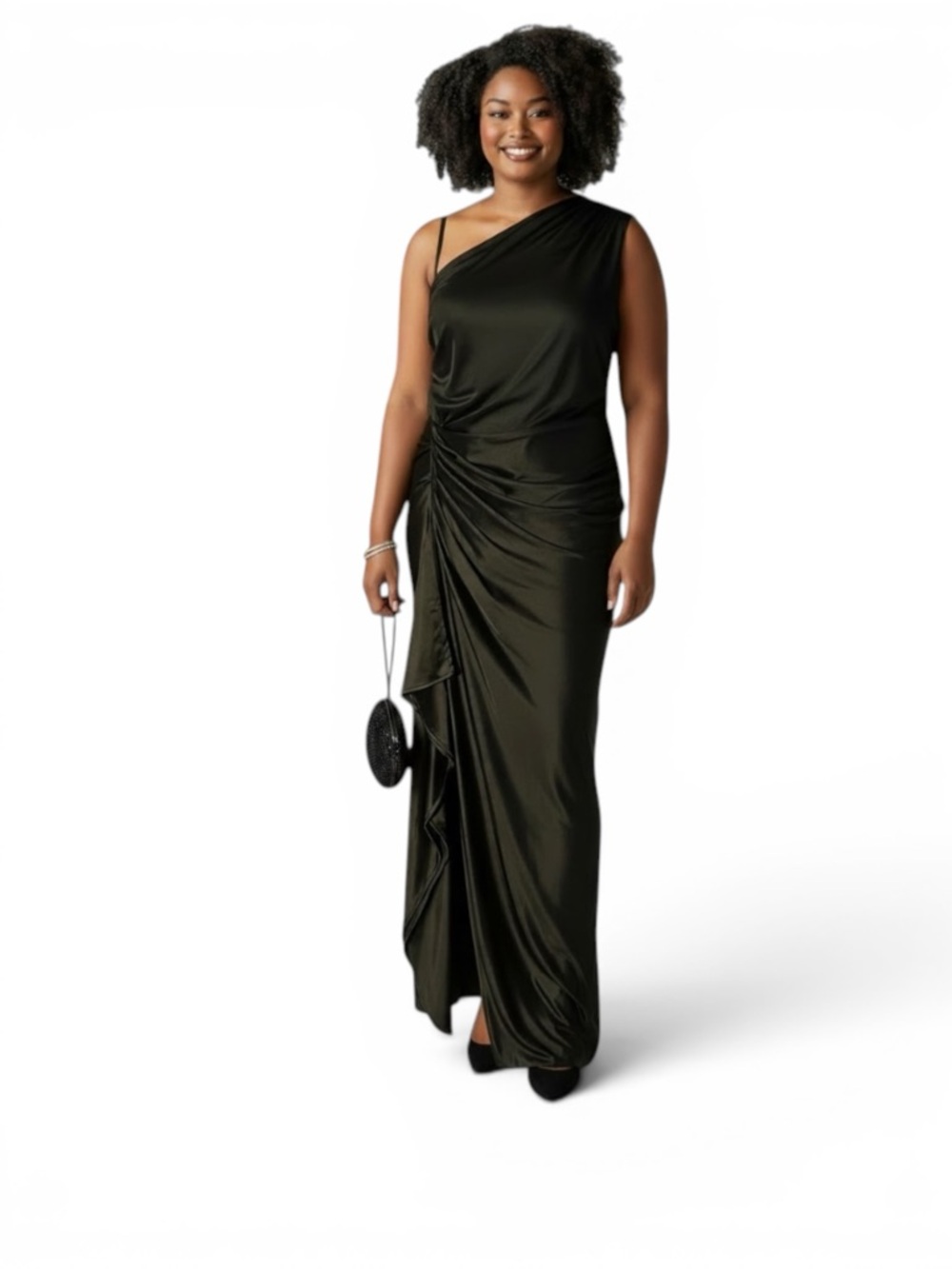 OYS Black One Shoulder Satin Maxi Dress XL Ruched Side Slit Formal Evening